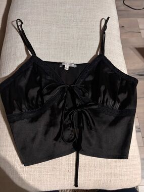 Love Tree Black Satin Tie-Front Crop Top with Lace Trim
